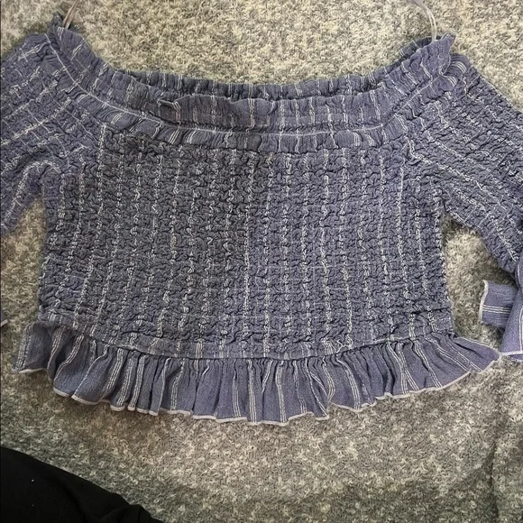 Free People Smock Around Striped Cropped Blouse Top Blue Bell Sleeves Medium - Picture 7 of 7